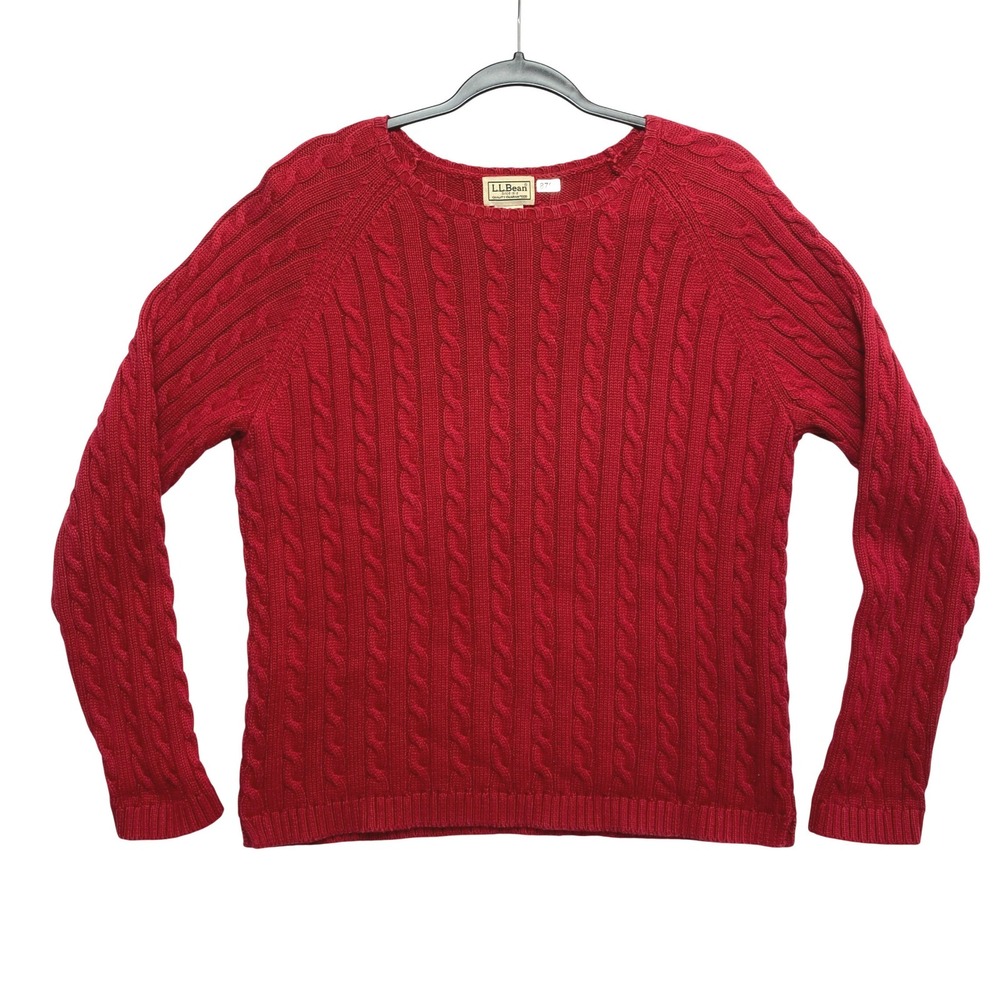 LL Bean Cable Knit Sweater Womens Large Reg. Red Cotton Raglan Sleeve Pullover